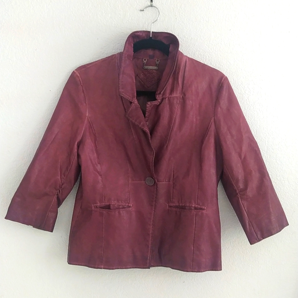 Vegan/Faux Leather Purple Fitted Jacket w Rouched Sleeves & Pockets